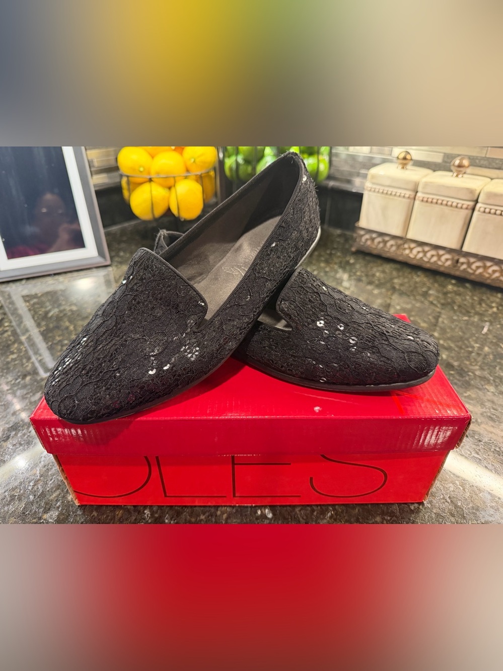 AEROSOLES Black Lace Loafers with Sequins